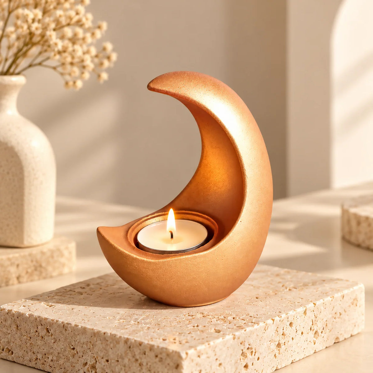 Crescent T-Light Candle Holder | Rose Gold Moon Shape Decorative Diya for Home Decor
