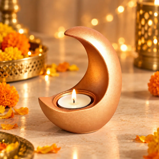 Crescent T-Light Candle Holder | Rose Gold Moon Shape Decorative Diya for Home Decor